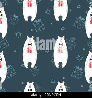 Nahtloses Muster mit niedlichen Cartoon-Eisbären, die Geschenke halten. Vektorhintergrund geeignet für Tapeten, Verpackung, Textil Stock Vektor