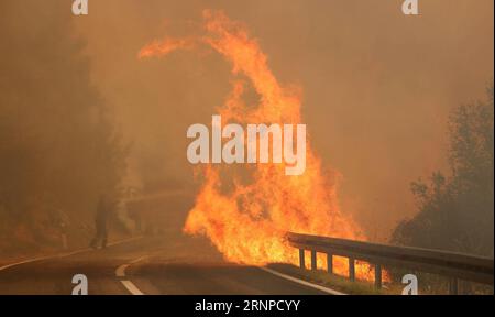 (170823) -- DJEVRSKE (KROATIEN), 23. August 2017 -- Foto vom 22. August 2017 zeigt das wilde Feuer, das eine Straße in Djevrske, Kroatien, überquert. Feuerwehrleute haben in den letzten Tagen in der kroatischen Region Dalmatien gegen Wildbrände gekämpft. ) (hy) KROATIEN-DJEVRSKE-WILD FIRE DuskoxJaramaz PUBLICATIONxNOTxINxCHN Kroatien 23. August 2017 Foto aufgenommen AM 22. August 2017 zeigt das Wild Fire Crossing a Road in Kroatien Feuerwehrleute haben in den letzten Tagen gegen die Wildbrände in Kroatien S Dalmatien Region Hy Croatia Wild Fire PUBLATIOxCHINxTxTxTxN gekämpft Stockfoto