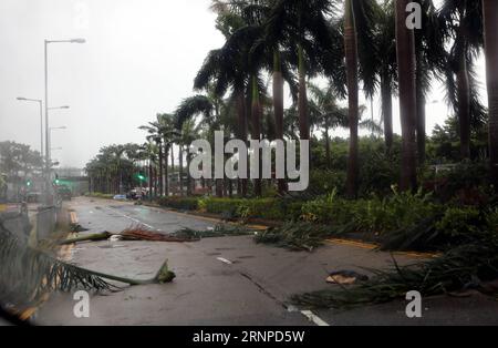 (170823) -- HONG KONG, 23. August 2017 -- Baumzweige werden auf einer Straße in Hong Kong, Südchina, 23. August 2017 gesehen. Hato, der 13. Taifun, der China in diesem Jahr getroffen hat, landete am Mittwoch Mittag in der Stadt Zhuhai in der südchinesischen Provinz Guangdong. Beeinflusst durch die äußere Regenbande von Hato, beeinflusste starker Wind und Regen Hongkong und eine tropische Zyklonwarnung wurde vom Hong Kong Observatory ausgegeben. (wyl) CHINA-HONG KONG-TYPHOON HATO (CN) LixPeng PUBLICATIONxNOTxINxCHN Hong KONG 23. August 2017 Baumzweige sind Seen AUF einer Straße in Hong Kong Südchina 23. August 2017 Hato der 13. Typhoon nach H Stockfoto