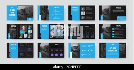 Präsentationsfolienvorlage, Vektorinfografik zur Verwendung im Geschäftskonzept, für Geschäftsberichte, Analysen, Statistiken. Broschüre mit blauem Design auf bl Stock Vektor