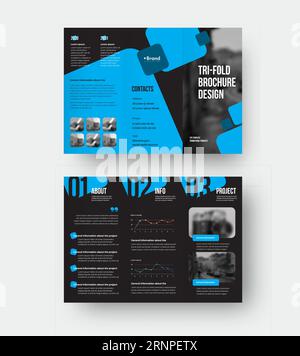 Vektor-Dreifalzvorlage mit blauer geometrischer Illustration Faltbroschüre mit kreativem Design auf schwarzem Hintergrund, mit realistischen Schatten. Information Stock Vektor