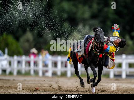 (170827) -- PEKING, 27. August 2017 -- Ein Reiter tritt während des traditionellen jährlichen Shoton Festivals in Lhasa auf, der Hauptstadt der autonomen Region Tibet im Südwesten Chinas, 23. August 2017. ) WÖCHENTLICHE AUSWAHL VON XINHUA FOTO PurbuxZhaxi PUBLICATIONxNOTxINxCHN Peking Aug 27 2017 ein Pferd Rider tritt während des traditionellen jährlichen Shoton Festivals in Lhasa Hauptstadt des Südwestchinesischen SZET Autonome Region 23. August 2017 wöchentliche Auswahl von XINHUA Photo PurbuxZhaxi PUBLICATIONxNOTxINxCHN auf Stockfoto