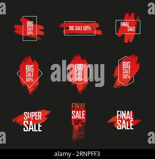 Ein Set aus Etiketten mit roten Farbstrichen, Flecken und geometrischen Formen für einen großen Verkauf. Handgezeichnete Vektorkompositionen für Etiketten, Aufkleber, Abzeichen. Die templ Stock Vektor
