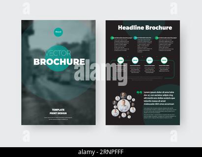 Vector-Broschürenvorlage mit grünem Kreis, Fotoplatz, Informationspräsentation auf schwarzem Hintergrund, Broschüre für Geschäftskonzept. Seitenfolge Stock Vektor