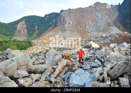 Themen der Woche Bilder des Tages (170828) -- NAYONG, 28. August 2017 -- Rettungskräfte arbeiten am Ort des Erdrutsches in der Gemeinde Zhangjiawan im County Nayong in der südwestlichen chinesischen Provinz Guizhou, 28. August 2017. Der Erdrutsch ereignete sich am 28. August um 10:40 Uhr. Drei Menschen sind gestorben, sieben verletzt und weitere 32 werden bis 20:00 Uhr vermisst. Über 2.000 Menschen, darunter Polizei, Feuerwehrleute und medizinisches Personal, sind vor Ort und mehr als 80 Einsatzfahrzeuge, 20 Rettungsdetektoren, 17 Grabmaschinen und 8 Drohnen sind an den Rettungsarbeiten beteiligt. ) (lfj) CHINA-GUIZHOU-ERDRUTSCH (CN) TaoxLiang PUBL Stockfoto