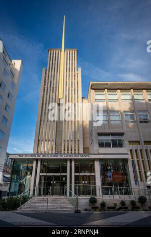 London, UK: Church of Jesus Christ of Latter-Day Saints on Exhibition Road in South Kensington, London. Eine Mormonenkirche. Stockfoto