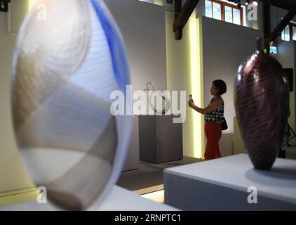 (170907) -- TAIPEI, 7. September 2017 -- Ein Besucher fotografiert eine Ausstellung während einer Ausstellung von Lino Tagliapietra, einem italienischen Glaskünstler, in Taipei, Südostchinas Taiwan, 7. September 2017. Insgesamt wurden 41 Glasausstellungen von Lino Tagliapietra ausgestellt. ) (wyo) CHINA-TAIPEI-EXHIBITION-LINO TAGLIAPIETRA (CN) ZhouxMi PUBLICATIONxNOTxINxCHN Stockfoto