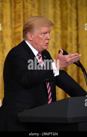 (170907) -- WASHINGTON, 7. September 2017 -- US-Präsident Donald Trump spricht auf einer gemeinsamen Pressekonferenz mit einem Besuch von Amir Sheikh Sabah Al-Ahmed Al-Jaber Al-Sabah (nicht im Bild) im Weißen Haus in Washington D.C., USA, am 7. September 2017. Trump sagte am Donnerstag, dass er bereit sei, einen anhaltenden Streit zwischen Katar und anderen Ländern des Nahen Ostens zu vermitteln. ) US-WASHINGTON D.C.-PRÄSIDENT DONALD TRUMP-KATAR-DIPLOMATISCHER STREIT YINXBOGU PUBLICATIONXNOTXINXCHN Stockfoto