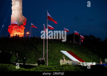 Danzig, Polen. September 2023. Allgemeine Ansicht des Denkmals für die Verteidiger der Westerplatte Küste, gesehen während des 84. Jahrestages des Ausbruchs des Zweiten Weltkriegs in Westerplatte. Am 84. Jahrestag des Ausbruchs des Zweiten Weltkriegs versammelten sich die Menschen in Polen auf der Westerplatte, um sich an diejenigen zu erinnern, die während einer der schrecklichsten Tragödien der Weltgeschichte getötet und misshandelt wurden. Die polnische Regierung organisierte die Jubiläumsveranstaltung, um die Menschen daran zu erinnern, dass der Weltkrieg nie wieder stattfinden darf. (Bild: © Mateusz Slodkowski/SOPA Images via ZUMA Press Wire) EDITORI Stockfoto