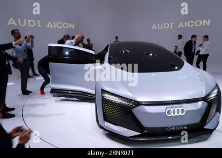 (170912) -- FRANKFURT, 12. September 2017 -- Foto aufgenommen am 12. September 2017 zeigt ein Audi Aicon Concept Car auf der Bühne während der Internationalen Automobil-Ausstellung IAA 2017 in Frankfurt. ) (Zjy) GERMANY-FRANKFURT-2017 IAA LuoxHuanhuan PUBLICATIONxNOTxINxCHN Stockfoto