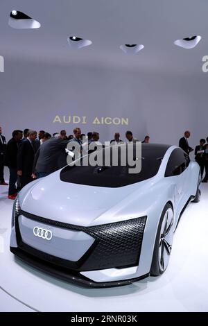 (170912) -- FRANKFURT, 12. September 2017 -- Foto aufgenommen am 12. September 2017 zeigt ein Audi Aicon Concept Car auf der Bühne während der Internationalen Automobil-Ausstellung IAA 2017 in Frankfurt. ) (Zjy) GERMANY-FRANKFURT-2017 IAA LuoxHuanhuan PUBLICATIONxNOTxINxCHN Stockfoto