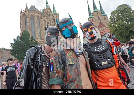 Erfurt, Deutschland. September 2023. Demonstratoren mit bunten Kostümen stehen am Erfurter Domplatz während des Christophorus-Street-Tages. Rund 4300 Besucher kamen am Samstag zum Tag der offenen Tür im landtag in Erfurt. Das sei deutlich mehr als im letzten Jahr, sagte landtagspräsident Pommer. Quelle: Matthias Bein/dpa/Alamy Live News Stockfoto