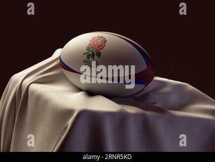 2. September 2023 - Bristol, Großbritannien: Ein 3D-Bild eines Rugby-Balls mit dem Aufdruck des England Rugby-Logos auf einem weißen Stoff Stockfoto