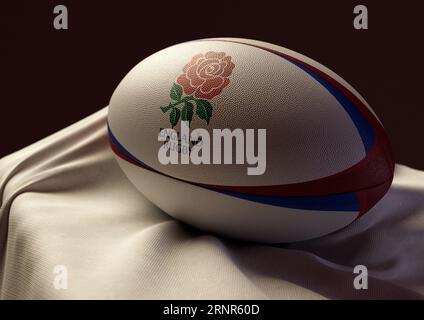 2. September 2023 - Bristol, Großbritannien: Ein 3D-Bild eines Rugby-Balls mit dem Aufdruck des England Rugby-Logos auf einem weißen Stoff Stockfoto