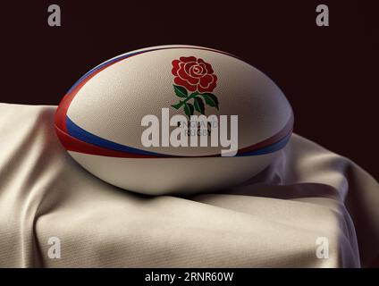 2. September 2023 - Bristol, Großbritannien: Ein 3D-Bild eines Rugby-Balls mit dem Aufdruck des England Rugby-Logos auf einem weißen Stoff Stockfoto