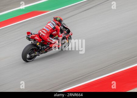 Barcelona, Spanien. September 2023. Pecco Bagnaia (1) vom Ducati Team während des MotoGP Gran Premi Monster Energy de Catalunya Sprint Race am Samstag. 1-2-3 September 2023 auf dem Circuit de Barcelona-Catalunya in Barcelona, Spanien. Quelle: Rosdemora/Alamy Live News Stockfoto