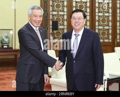 (170920) -- PEKING, 20. September 2017 -- Zhang Dejiang (R), Vorsitzender des Ständigen Ausschusses des Nationalen Volkskongresses, trifft sich mit dem singapurischen Premierminister Lee Hsien Loong in Peking, der Hauptstadt Chinas, 20. September 2017. ) (LFJ) CHINA-BEIJING-ZHANG DEJIANG-LEE HSIEN LOONG-MEETING (CN) XIEXHUANCHI PUBLICATIONXNOTXINXCHN Stockfoto