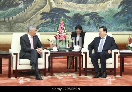 (170920) -- PEKING, 20. September 2017 -- Zhang Dejiang (R), Vorsitzender des Ständigen Ausschusses des Nationalen Volkskongresses, trifft sich mit dem singapurischen Premierminister Lee Hsien Loong in Peking, der Hauptstadt Chinas, 20. September 2017. ) (LFJ) CHINA-BEIJING-ZHANG DEJIANG-LEE HSIEN LOONG-MEETING (CN) XIEXHUANCHI PUBLICATIONXNOTXINXCHN Stockfoto