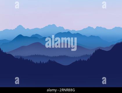 Zeichentrickzeichnung einer Bergkette bei frühem Sonnenaufgang mit dem Nebel, der eine Ausrichtung im Landschaftsformat mit blauer Atmosphäre erzeugt. Stockfoto