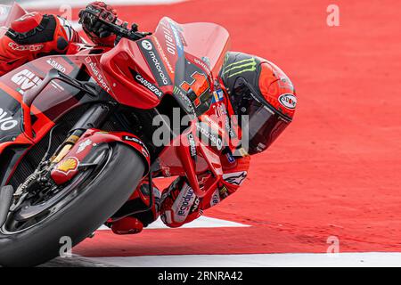 Barcelona, Spanien. September 2023. Pecco Bagnaia (1) vom Ducati Team während des MotoGP Gran Premi Monster Energy de Catalunya Sprint Race am Samstag. 1-2-3 September 2023 auf dem Circuit de Barcelona-Catalunya in Barcelona, Spanien. Quelle: Rosdemora/Alamy Live News Stockfoto