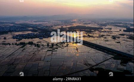 (170925) -- NANNING, 25. September 2017 -- Ein Hochgeschwindigkeitszug fährt auf den Feldern des Bezirks Binyang, Südchinas autonome Region Guangxi Zhuang, 2. April 2017. China hat in nur wenigen Jahren eines der weltweit umfangreichsten Hochgeschwindigkeitsbahnnetze aufgebaut. Es verfügt über das weltweit längste Hochgeschwindigkeitsbahnnetz, 22.000 km bis Ende 2016 oder 60 % der weltweiten Gesamtstrecke, und die Kilometerleistung wird bis 2030 auf 45.000 km steigen. Guangxi schloss sich 2013 den Hochgeschwindigkeitsbahnnetzen an. ) (wyl) CHINA-GUANGXI-HOCHGESCHWINDIGKEITSBAHN (CN) HuangxXiaobang PUBLICATIONxNOTxINxCHN Stockfoto