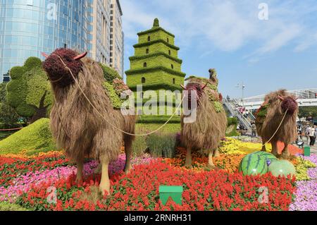 (171001) -- PEKING, 1. Oktober 2017 -- Foto aufgenommen am 1. Oktober 2017 zeigt Blumenparterres in Peking, der Hauptstadt Chinas. Peking ist mit dekorativen Blumenbeeten dekoriert, um dem chinesischen Nationalfeiertag, der am Sonntag fiel, eine festliche Atmosphäre zu verleihen. ) (wyl) CHINA-BEIJING-FLOWER PARTERRES-NATIONAL DAY (CN) LixHe PUBLICATIONxNOTxINxCHN Stockfoto