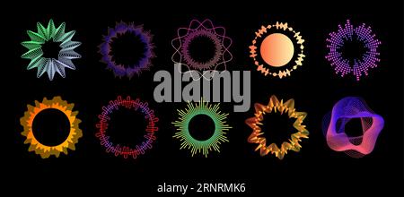 Musikwellen. Kreisförmige Tonwellenform. Radiales 3D-Energiemuster. Datenhäufigkeit. Abstrakte Kurvenringe. Stimmvibration. Signalimpuls. Geometrische s Stock Vektor