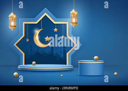 Islam-Podium. 3D ramadan Bühne, Produktbasis mit Display Dekoration, Schönheit Gold Plattform. Blauer Hintergrund für das ramadan-fest. Laterne, Mond und s Stock Vektor