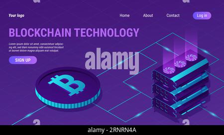 Landing-Page für Blockchain-Technologie. Kryptowährung. Digitales Mining. Isometrisches Ethereum-Banner. Bitcoin-Investition. 3D-Geldfarm. Kryptowährung umtausch Stock Vektor