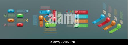 3D-Infografik. Flussdiagramm. Digitale Knöpfe und Kugeln, Schrittelemente. Zyklusoptionen für Kugel- und Würfeldiagramme. Infografik mit Zahlensymbolen umkreisen. W Stock Vektor