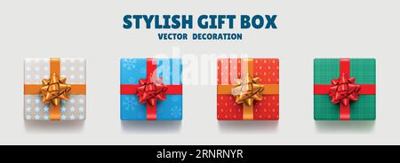 Geschenkbox. Weihnachtsgeschenk mit Wintermustern, Ansicht von oben isolierte Elemente für Karte mit Band und Schleife, goldenes Weihnachtspaket, dekorative stilvolle Geburt Stock Vektor