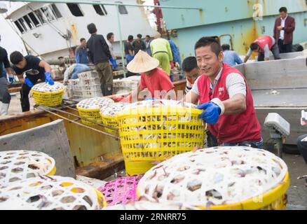 (171013) -- ZHOUSHAN, 13. Oktober 2017 -- Händler transportieren Krabben im Shenjiamen-Fischerhafen in der Stadt Zhoushan, Ostchinesische Provinz Zhejiang, 12. Oktober 2017. Die Fischwirtschaft in Zhoushan hat sich in den letzten Jahren stabil entwickelt. Das Pro-Kopf-Einkommen der lokalen Fischer in Zhoushan erreichte 10.630 Yuan (1.615 US-Dollar) in der ersten Jahreshälfte, ein Anstieg von 8,1 Prozent im Vergleich zum Vorjahr. ) (Ry) CHINA-ZHEJIANG-ZHOUSHAN-FISHING (CN) WengxXinyang PUBLICATIONxNOTxINxCHN Stockfoto