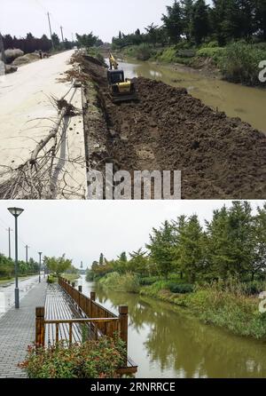 (171013) -- WUXI, 13. Oktober 2017 -- Combo Foto aufgenommen am Juni. 5, 2015 (oben, Foto) und am 12. Oktober 2017 (unten) zeigt das Ufer des Gujiadu im Bezirk Binhu von Wuxi, der ostchinesischen Provinz Jiangsu. Der Bezirk Binhu begann 2008, lokale Regierungsbeamte als Flusschefs zu ernennen, um die Wasserverschmutzung zu bekämpfen. Die Qualität des Flusswassers wurde rasch verbessert, nachdem eine Reihe innovativer Maßnahmen ergriffen wurden. ) (lx) CHINA-JIANGSU-ENVIRONMENT-RIVER CHIEF(CN) ShenxBohan PUBLICATIONxNOTxINxCHN Stockfoto