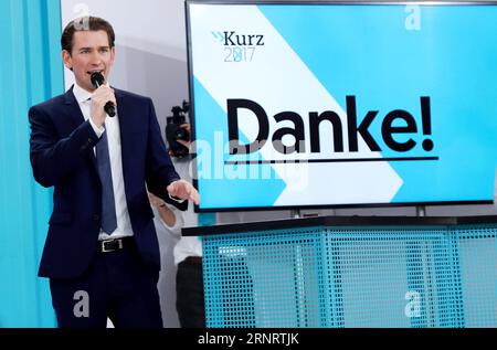 Nationalratswahl in Österreich - Wahlparty der ÖVP (171015) -- WIEN, 15. Oktober 2017 -- Sebastian kurz, Vorsitzender der Österreichischen Volkspartei (OVP), spricht am 15. Oktober 2017 in Wien, der Hauptstadt Österreichs, eine Festveranstaltung an. Sebastian kurz, Vorsitzender der Österreichischen Volkspartei (OVP), hat den Sieg erklärt, nachdem Prognosen zeigten, dass seine Partei die meisten Sitze im 183-Sitze-parlament gewinnen würde, indem sie 31,7 Prozent der Stimmen bei den Sonntagswahlen erhielt. ÖSTERREICH-WIEN-ELECTION-KURZ-FFEST PanxXu PUBLICATIONxNOTxINxCHN Stockfoto