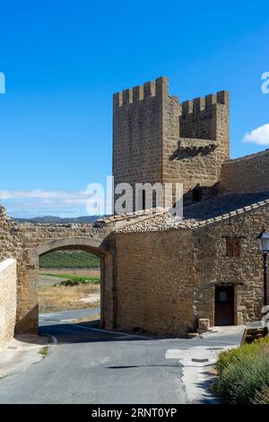 Blick auf die Mauer der Umkreisung von Artajona in der Region Navarra, Spanien. Stockfoto