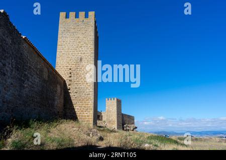 Blick auf die Mauer der Umkreisung von Artajona in der Region Navarra, Spanien. Stockfoto