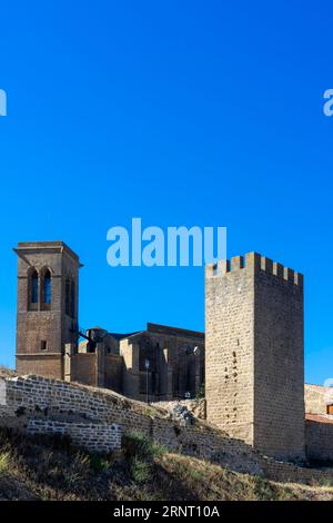 Blick auf die Mauer der Umkreisung von Artajona in der Region Navarra, Spanien. Stockfoto