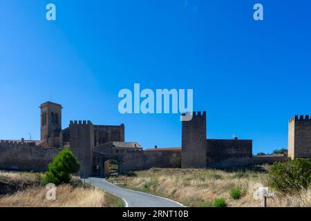 Blick auf die Mauer der Umkreisung von Artajona in der Region Navarra, Spanien. Stockfoto