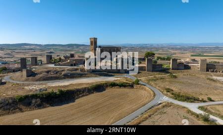 Blick auf den wunderschönen Artajona-Zaun in der Region Navarra, Spanien. Stockfoto