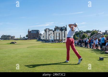 St. Andrews, Schottland. September 2023. Preston Summerhays des USA Teams während der ersten Runde der Einzelspiele des Walker Cup 2023. Stockfoto