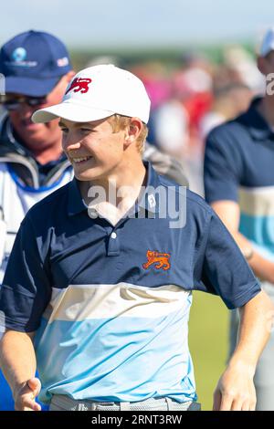 St. Andrews, Schottland. September 2023. Connor Graham vom Team GB&I, nachdem er sein Viererspiel während der Samstag-Viererspiele des Walker Cup 2023 gewonnen hatte. Stockfoto