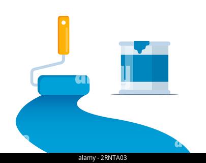 Blaue Farbspur der Bürstenrolle und Farbdose auf weißem Hintergrund. Vektorillustration für Kopfzeilen, Banner und Werbung Stock Vektor