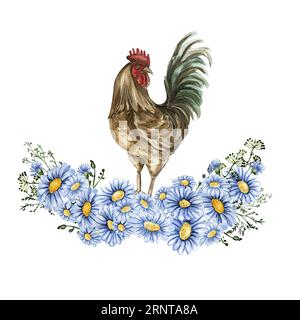 Aquarellblumen und Hahnkomposition. Handgezeichnete Illustration eines Bauernhofs. Perfekt für Hochzeitseinladungen, Grußkarten, Poster. Stockfoto