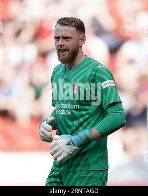 Rotherham United Torhüter Viktor Johansson während des Sky Bet Championship Matches im AESSEAL New York Stadium in Rotherham. Bilddatum: Samstag, 2. September 2023. Stockfoto