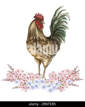 Aquarellblumen und Hahnkomposition. Handgezeichnete Illustration eines Bauernhofs. Perfekt für Hochzeitseinladungen, Grußkarten, Poster. Stockfoto