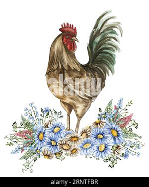 Aquarellblumen und Hahnkomposition. Handgezeichnete Illustration eines Bauernhofs. Perfekt für Hochzeitseinladungen, Grußkarten, Poster. Stockfoto