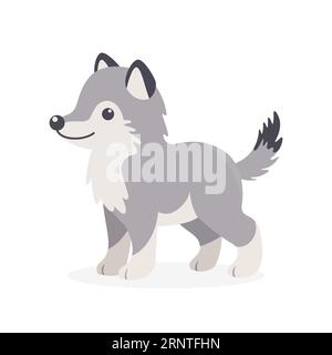 Flacher Vektor, Süßer Wolf. Symbol „kleiner Wolf“ oder „Hund“. Entzückende Walking Wolf Cartoon Figur isoliert auf weißem Hintergrund, Seitenansicht Stock Vektor