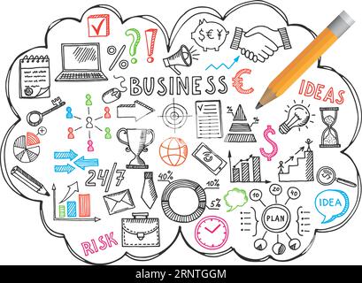 Symbole für Business Doodle. Handgemalte Arbeitssymbole Stock Vektor