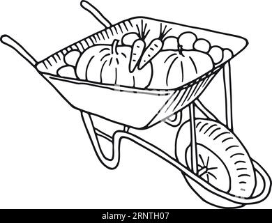 Gemüseernte im Schubkarren. Symbol „Farming Doodle“ Stock Vektor