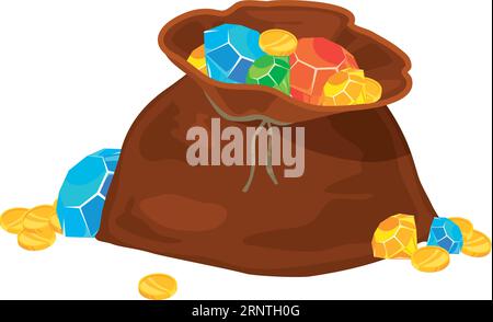 Symbol der Schatztasche. Bunte Edelsteine im Leinensack Stock Vektor